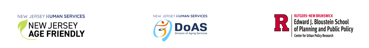 Three logos side by side in the following order: New Jersey Age Friendly, DoAS, Rutgers Edqard J Bloustein School of Planning and Public Policy